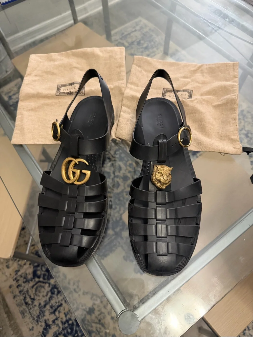 Gucci Black Jelly Fisherman Sandals with Gold GG & Cat Hardware